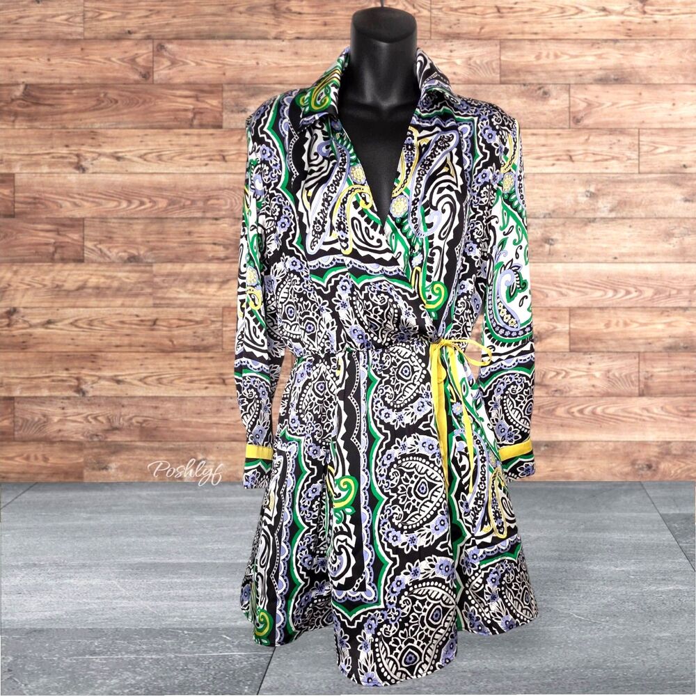 Zara Multicolor Paisley Collared Long Sleeve Dress Medium